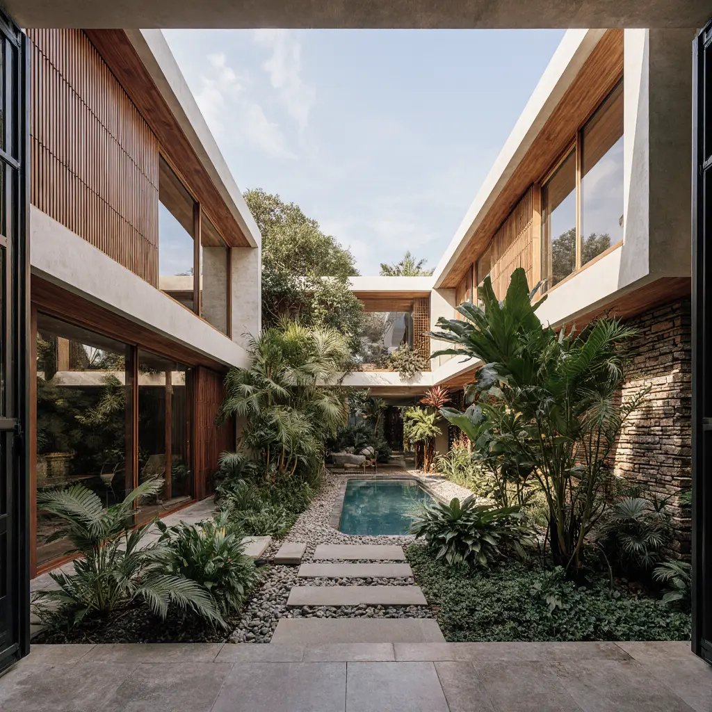 Courtyard home with deep shade and planting