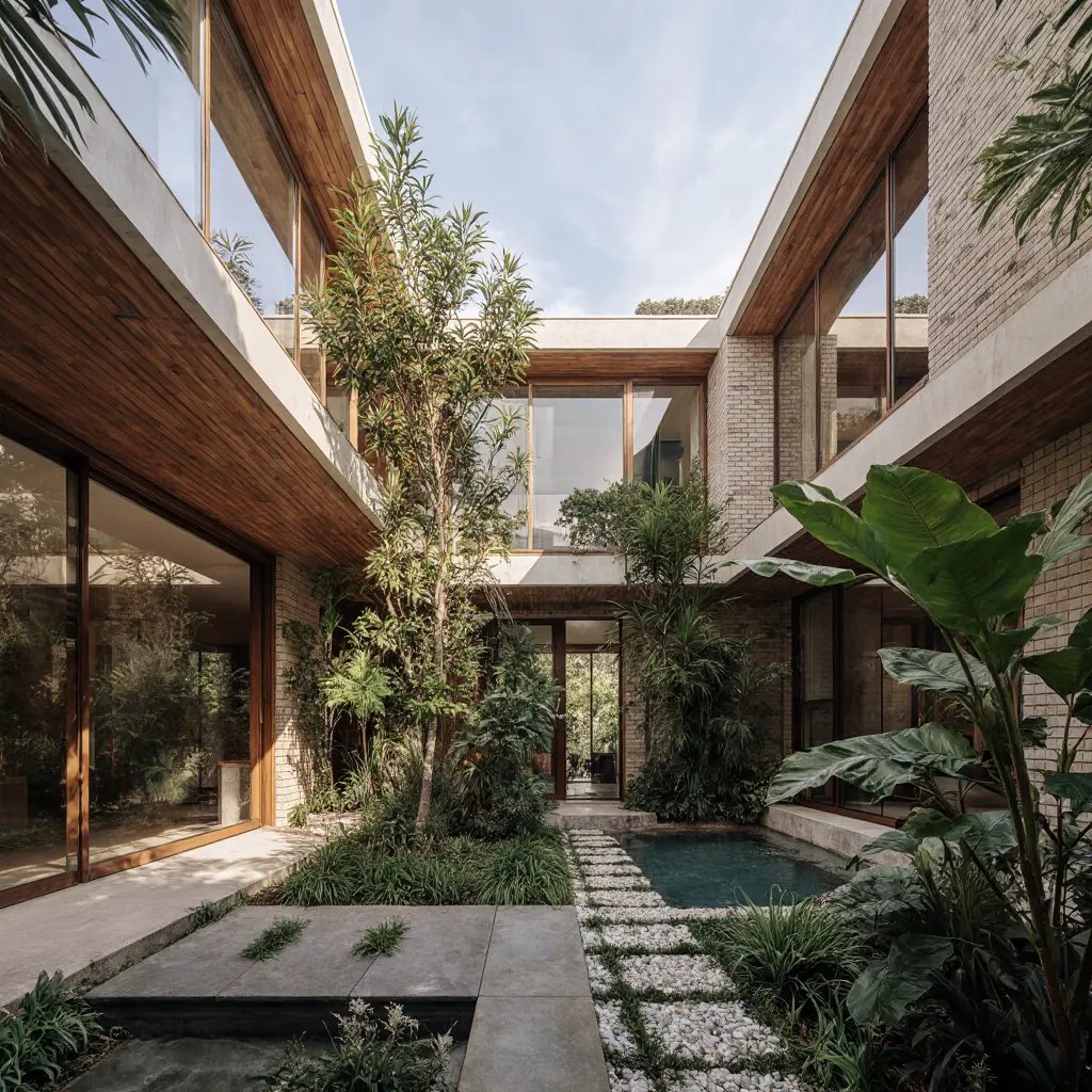 Low-set modern home wrapped around a lush internal courtyard